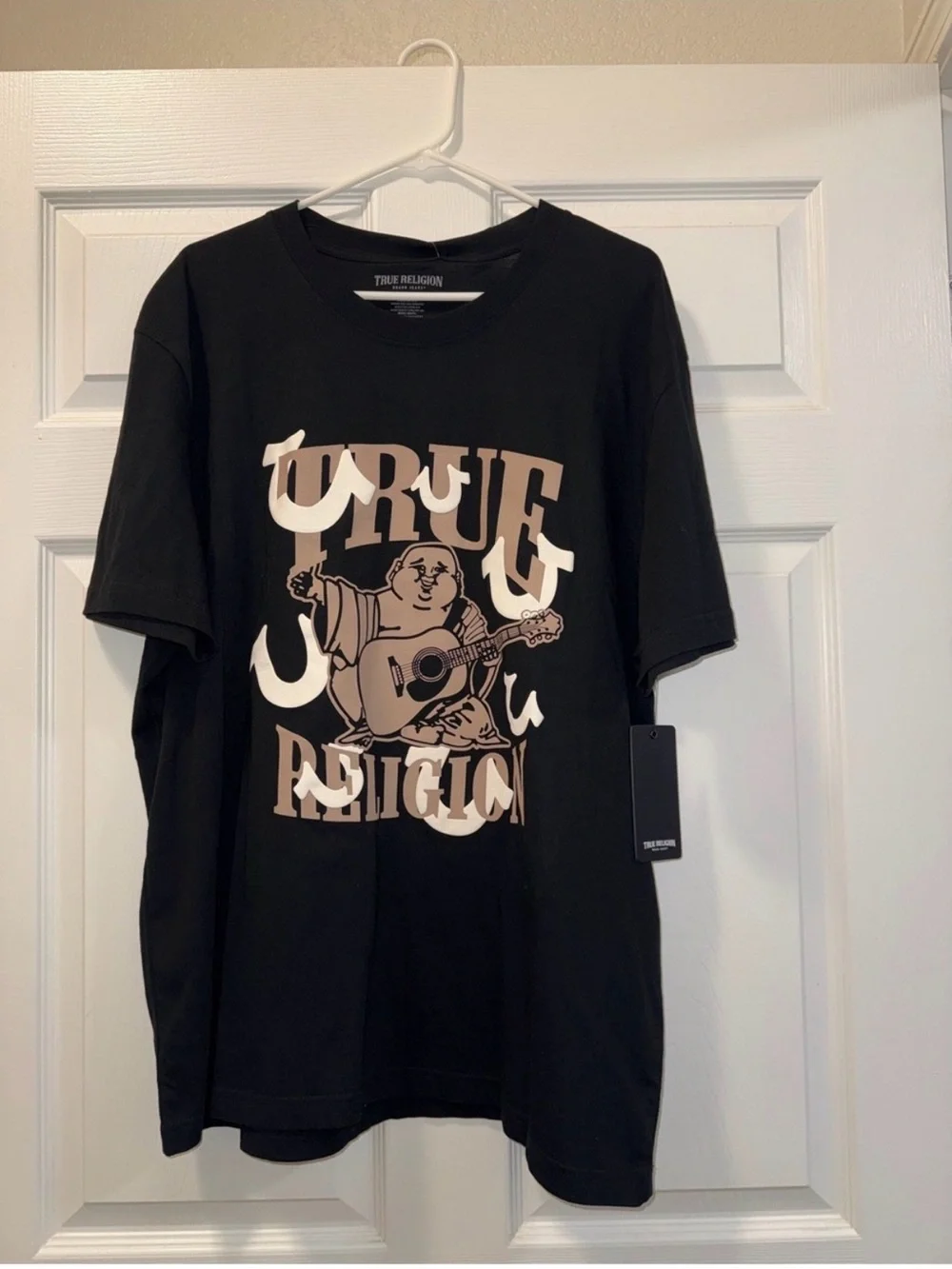 True Religion Black Tee with Beige Graphic Buddha Guitar